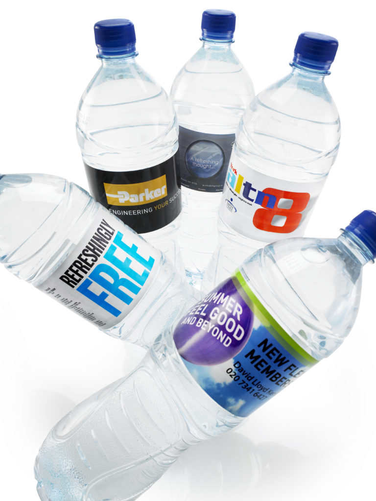 Water bottle labels printed on biodegradable clear
