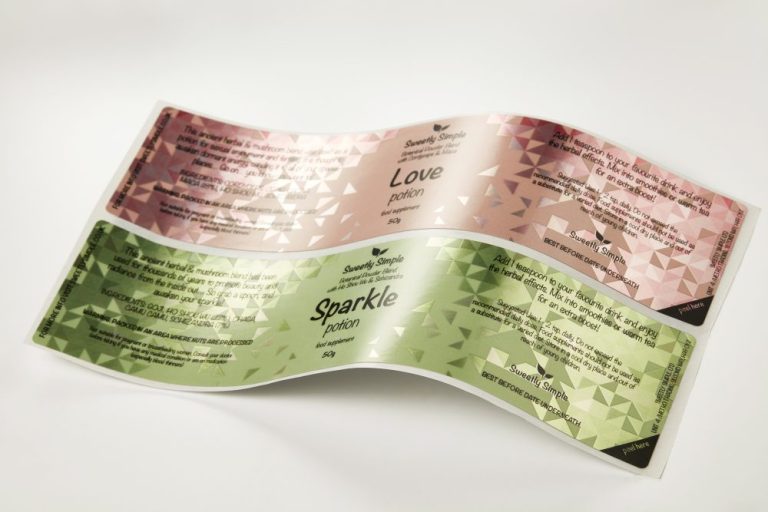 Food supplement label with spot gloss metallic pattern varnish