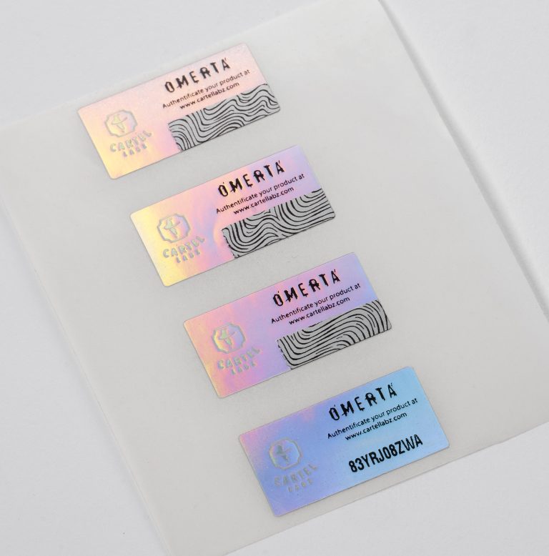 Label printed onto holographic stock plus unique code and scratch off panel